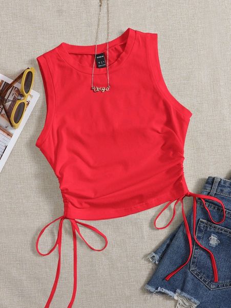 drawstring ruched side crop tank f8hw#, White