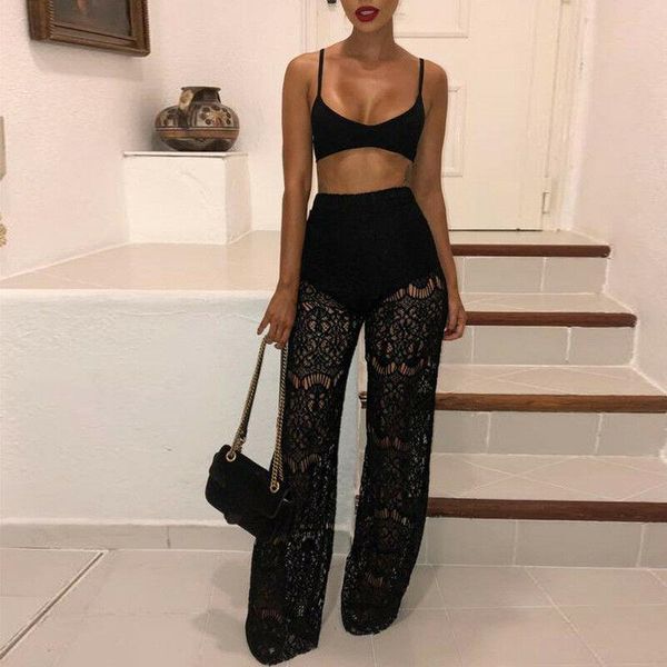 women's swimwear summer women floral lace mesh high waist sheer cover-ups pants beachwear long wide leg trousers, White;black
women's swimwear summer women floral lace mesh high waist sheer cover-ups pants beachwear long wide leg trousers, White;black