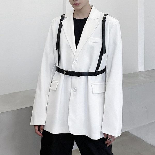 men's suits & blazers men leather strap casual white suit coat male streetwear fashion show jacket outerwear stage modeling clothing ma, White;black
men's suits & blazers men leather strap casual white suit coat male streetwear fashion show jacket outerwear stage modeling clothing ma, White;black