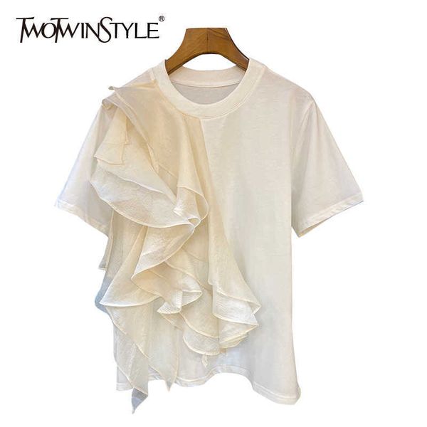 twotwinstyle patchwork ruffle white for women o neck short sleeve casual t shirt female fashion new clothing 2021 summer y0621
twotwinstyle patchwork ruffle white for women o neck short sleeve casual t shirt female fashion new clothing 2021 summer y0621