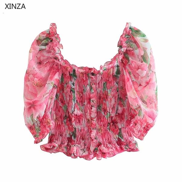 women's knits & tees women stretchy print summer short puff sleeve smocked elastic cropped blouse feminine vintage ruffl, White 
women's knits & tees women stretchy print summer short puff sleeve smocked elastic cropped blouse feminine vintage ruffl, White