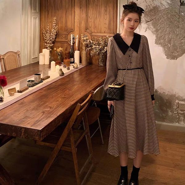 

feminine korean style of a fashionable piece lady plaid clothes woman's elegant spring long waist high vintage dress hrtr, Black;gray