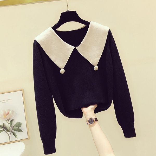 peter pan collar knitwear solid full autumn winter loose slim sweaters for women phjf, White;black 
peter pan collar knitwear solid full autumn winter loose slim sweaters for women phjf, White;black