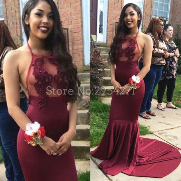 party dresses 2021 burgundy illusion evening stretch fabric halter backless appliques gowns sweep train prom dress, White;black
party dresses 2021 burgundy illusion evening stretch fabric halter backless appliques gowns sweep train prom dress, White;black