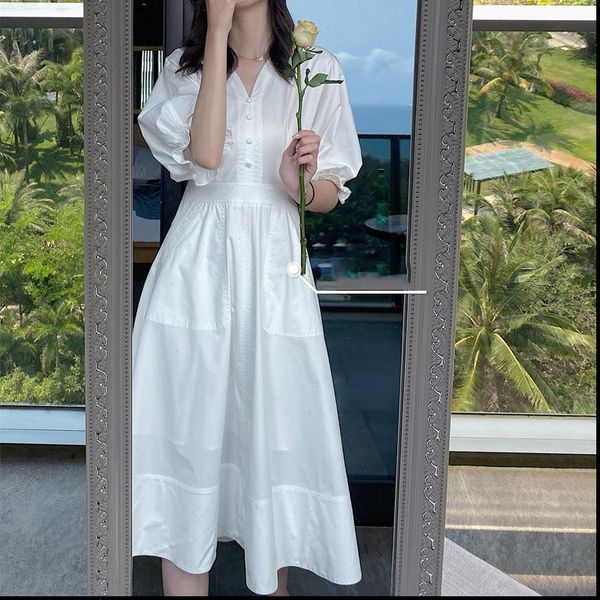 summer dress women elegant half bell puff sleeve buttons slim waist a line cotton v neck dress beach temperament clothes, Black;gray
summer dress women elegant half bell puff sleeve buttons slim waist a line cotton v neck dress beach temperament clothes, Black;gray