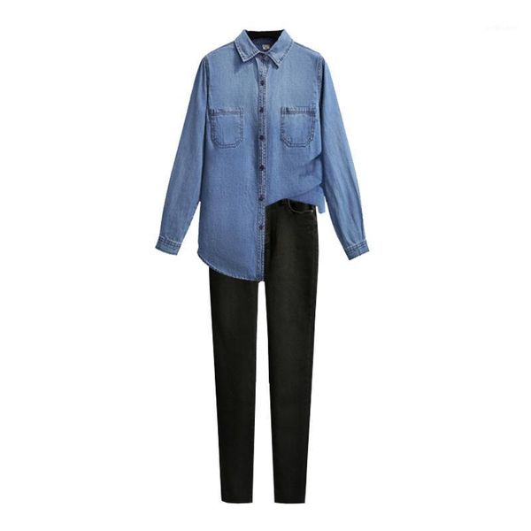women's two piece pants solid color cowboy set large size autumn single-breasted denim shirt pocket fashion pant suit, White
women's two piece pants solid color cowboy set large size autumn single-breasted denim shirt pocket fashion pant suit, White