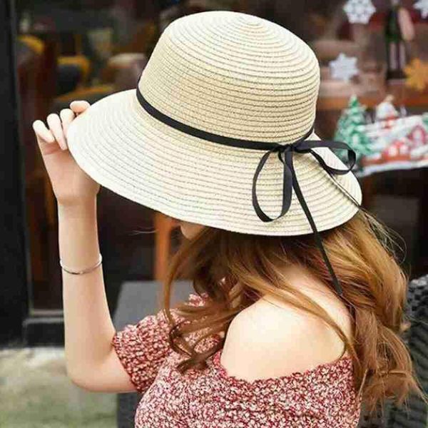wide brim hats korean version of the sun hat ladies wide-brimmed sunscreen beach outdoor bow uv n2r5, Blue;gray