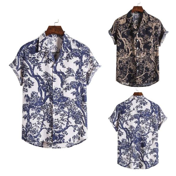 men's casual floral beach cotton hemp printed shirt men, White;black