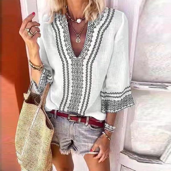 women's blouses & shirts lady v-neck loose fashion autumn summer vintage pattern print blouse women 3/4 sleeve casual streetwears, White
women's blouses & shirts lady v-neck loose fashion autumn summer vintage pattern print blouse women 3/4 sleeve casual streetwears, White