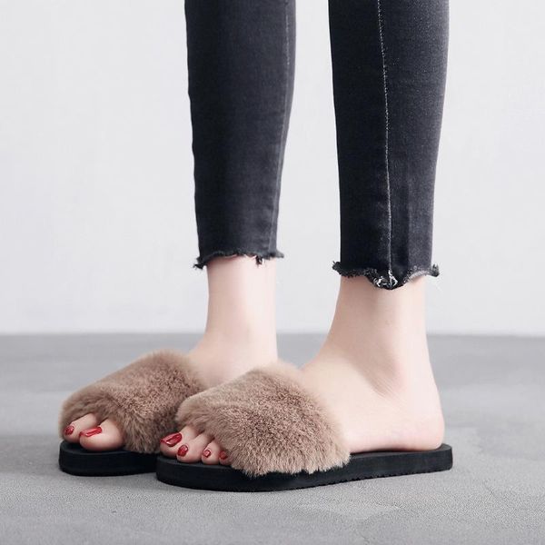 sandals fluffy shoes women's autumn & winter style korean-style indoor plush slipper flat household fashion anti-slip, Black