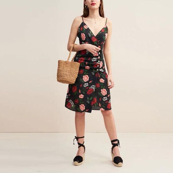 casual dresses women summer dress flower print decorative buttons slim harness vestidos, Black;gray
casual dresses women summer dress flower print decorative buttons slim harness vestidos, Black;gray