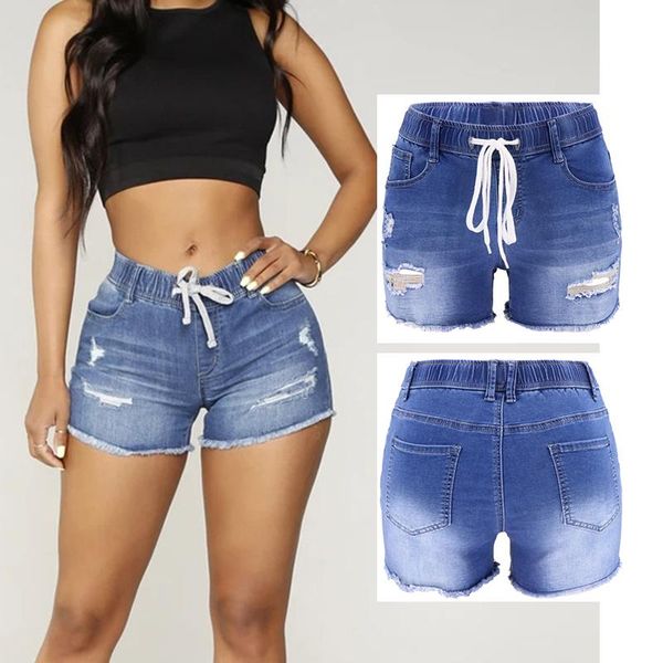 women's jeans tight denim shorts women elastic waist drawstring short fashion casual ripped trousers, Blue
women's jeans tight denim shorts women elastic waist drawstring short fashion casual ripped trousers, Blue