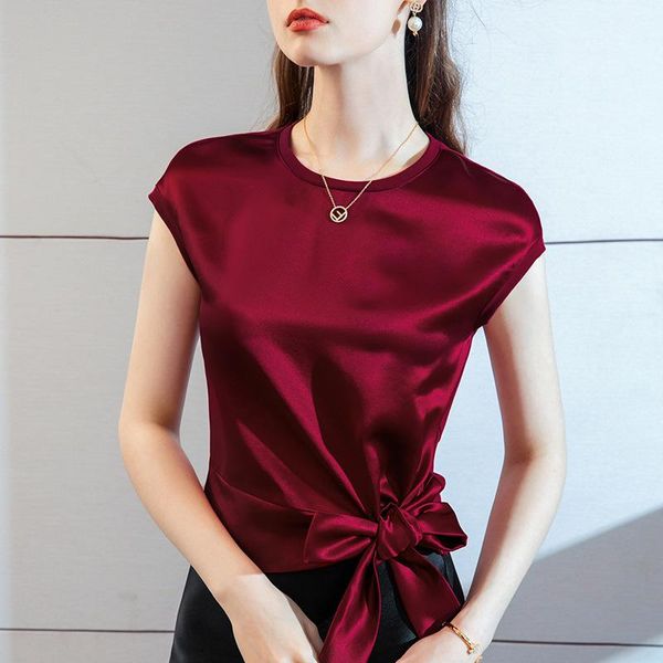 women's t-shirt acetate satin short sleeve 2021 summer splicing silk slip shoulder lace up bow tie design top, White
women's t-shirt acetate satin short sleeve 2021 summer splicing silk slip shoulder lace up bow tie design top, White