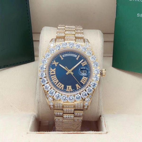 43mm serrated diamond watch frozen men's watchs automatic gold case stainless steel blue dial, Slivery;brown
43mm serrated diamond watch frozen men's watchs automatic gold case stainless steel blue dial, Slivery;brown
