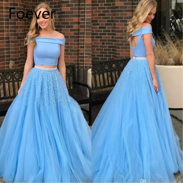 party dresses blue two pieces prom 2021 with beaded pearls off shoulder floor length formal evening gowns, White;black
party dresses blue two pieces prom 2021 with beaded pearls off shoulder floor length formal evening gowns, White;black