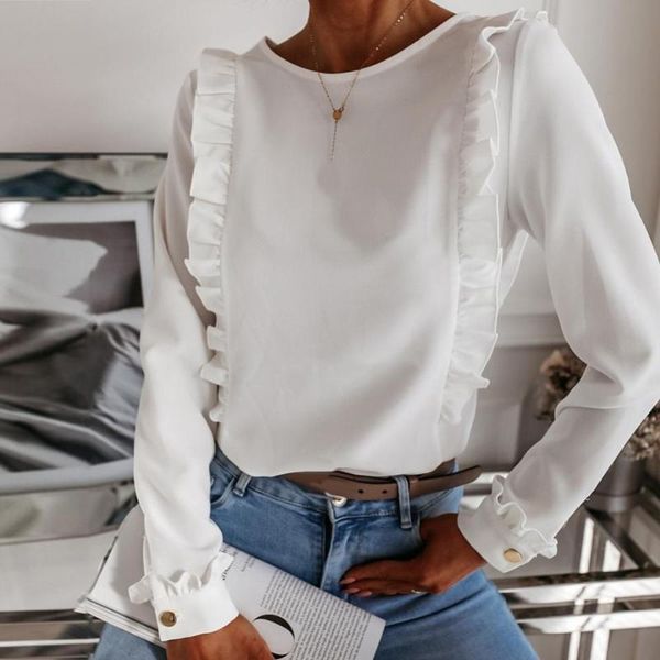 women's t-shirt solid color women tshirt casual long sleeve t shirt for back button ruffled edge o neck tunic femme t-shirts, White
women's t-shirt solid color women tshirt casual long sleeve t shirt for back button ruffled edge o neck tunic femme t-shirts, White