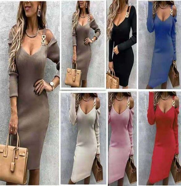 temperament pendant autumn and winter long off shoulder v-neck metal slim dress hot, Black;gray