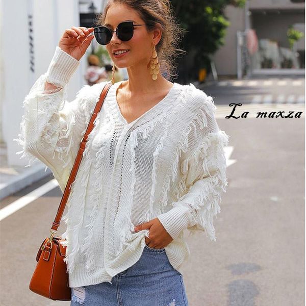 women's sweaters oversized 2021 autumn sweater for women casual korean white knit tassel loose, White;black
women's sweaters oversized 2021 autumn sweater for women casual korean white knit tassel loose, White;black