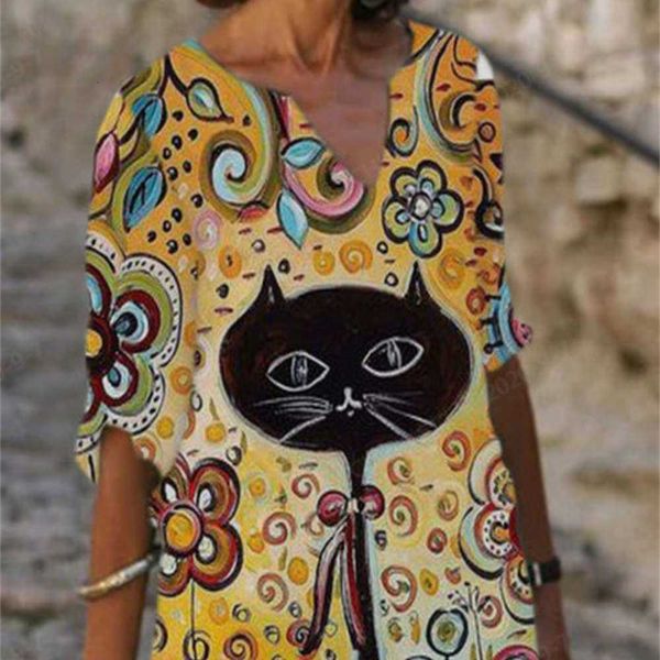 dresses cartoon casual women's cat printed v-neck drs, Black;gray