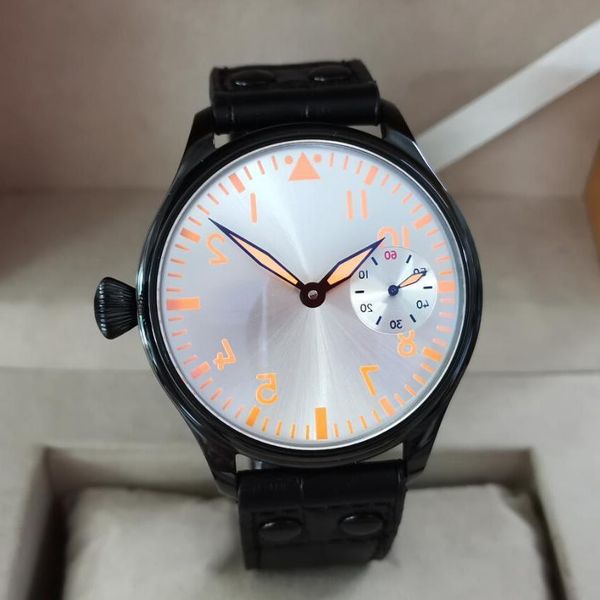 geervo without black case sier dial orange hands 44mm pilot style mechanical hand wind men's watch yellow luminous, Slivery;brown 
geervo without black case sier dial orange hands 44mm pilot style mechanical hand wind men's watch yellow luminous, Slivery;brown