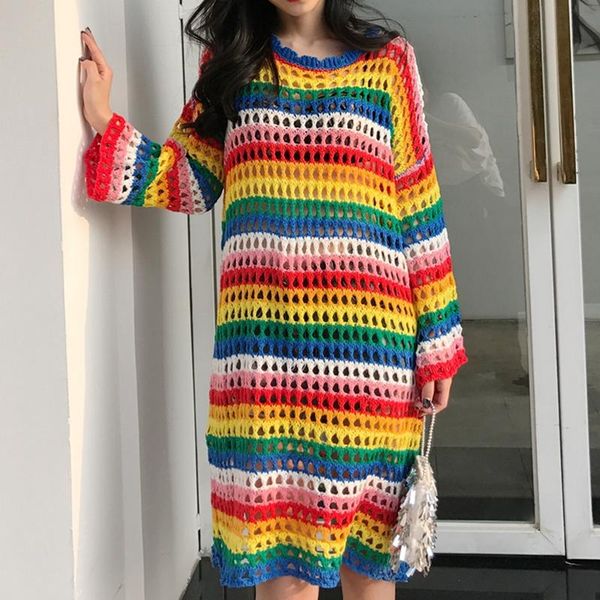 hollow out rainbow stripes knitted women dress o-neck long sleeve knee length loose knitwear female 2021 new autumn korean hot, Black;gray
hollow out rainbow stripes knitted women dress o-neck long sleeve knee length loose knitwear female 2021 new autumn korean hot, Black;gray