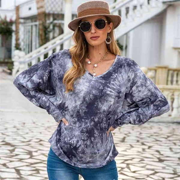 2020 autumn new women' V-neck top tie dyed loose sweater, Black purple