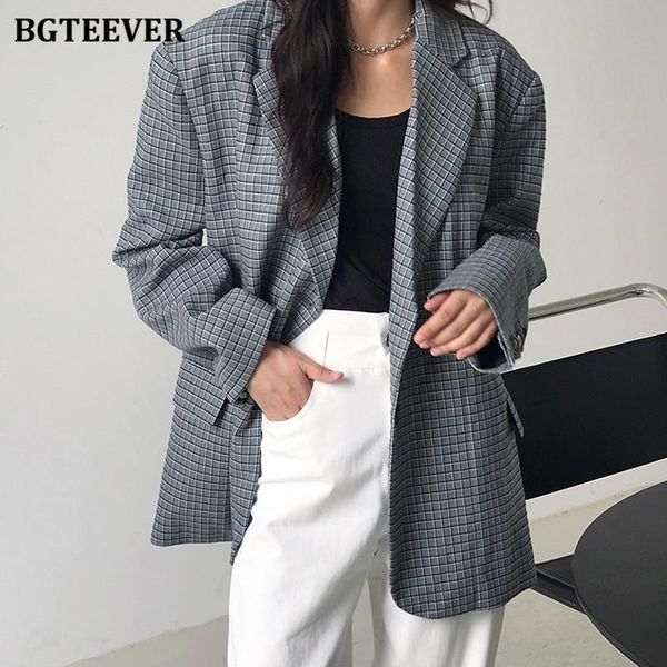 women's suits & blazers bgteever stylish notched collar plaid suit jackets for women 2021 spring single-breasted loose female blazer ch, White;black 
women's suits & blazers bgteever stylish notched collar plaid suit jackets for women 2021 spring single-breasted loose female blazer ch, White;black
