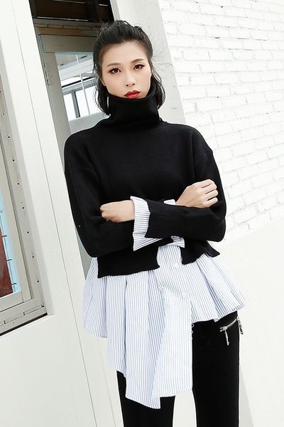2019 winter asymmetrical stitching striped hem high neck sweater long sleeve pullover knitted women jumper femme knitwear, White;black
2019 winter asymmetrical stitching striped hem high neck sweater long sleeve pullover knitted women jumper femme knitwear, White;black