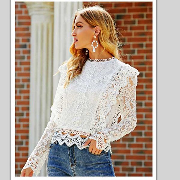 women's blouses & shirts 2021 spring shirt fashion lace stitching hollow long-sleeved western style blouse, White 
women's blouses & shirts 2021 spring shirt fashion lace stitching hollow long-sleeved western style blouse, White