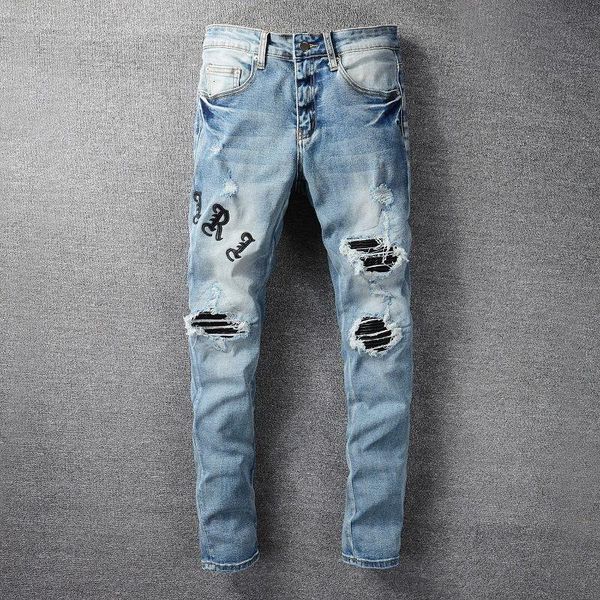 men's jeans streetwear designer males brand ripped tights jean men hip hop flocking splicing big a letter denim pant, Blue
men's jeans streetwear designer males brand ripped tights jean men hip hop flocking splicing big a letter denim pant, Blue