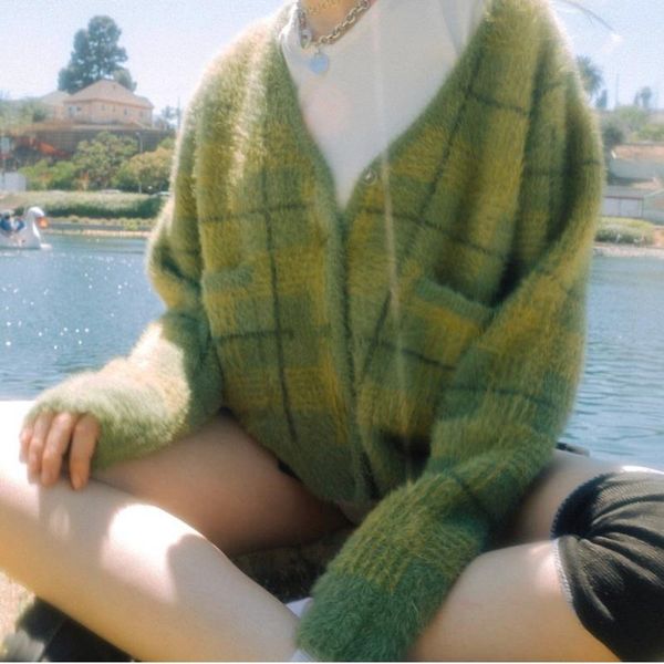 women's knits & tees cute kawaii furry plush crop mohair sweater blue plaid short loose cardigan long sleeve v-neck women knitting, White
women's knits & tees cute kawaii furry plush crop mohair sweater blue plaid short loose cardigan long sleeve v-neck women knitting, White