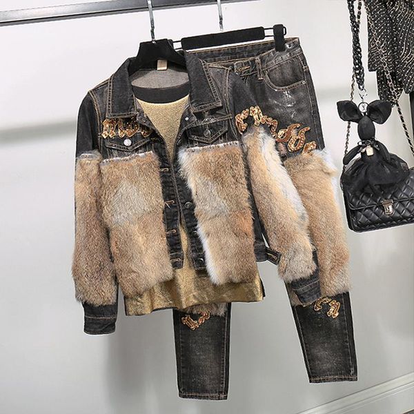 fashion 2 piece set women jeans set real hair jeans suit warm two-piece suit for women winter short jacket + denim pants, White
fashion 2 piece set women jeans set real hair jeans suit warm two-piece suit for women winter short jacket + denim pants, White