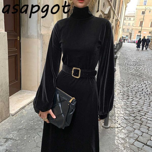 chic korean elegant slim waist long sleeve black turtleneck velvet dress women with belt vintage vestidos spring fashion 210610, Black;gray
chic korean elegant slim waist long sleeve black turtleneck velvet dress women with belt vintage vestidos spring fashion 210610, Black;gray