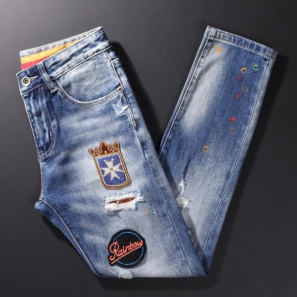 men's jeans street style fashion men retro blue elastic slim fit ripped patches designer hip hop printed denim punk pants
men's jeans street style fashion men retro blue elastic slim fit ripped patches designer hip hop printed denim punk pants