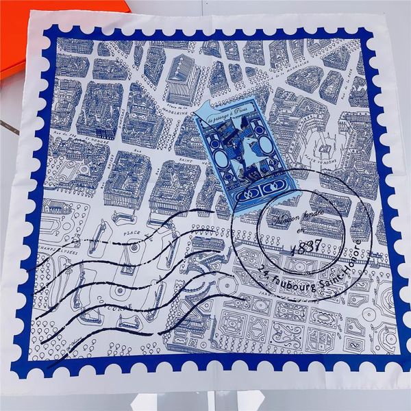scarves designer brand twill silk scarf 90cm hand rolled edges foulard print scarfs 90*90cm, Blue;gray