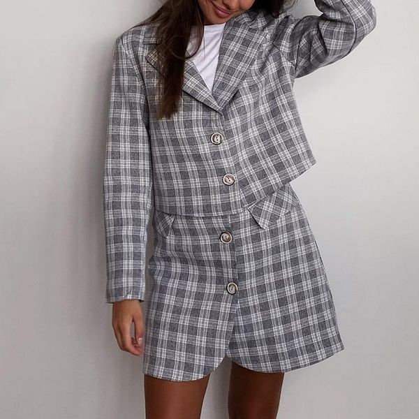 two piece dress conkor fashion plaid printed suits women elegant notched single breasted short suit mini skirts ladies, White
two piece dress conkor fashion plaid printed suits women elegant notched single breasted short suit mini skirts ladies, White