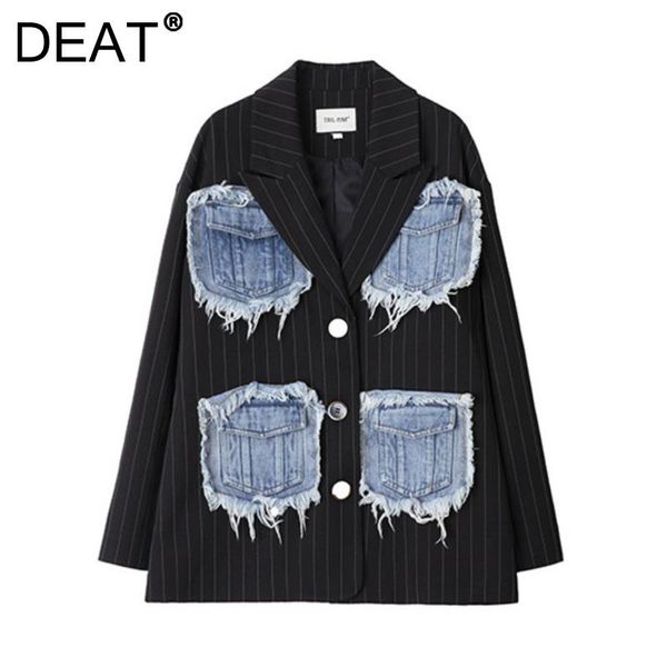 women's suits & blazers deat woman blazer striped denim pockets patchwork notched collar long sleeve burrs casual style loose 2021 summ, White;black
women's suits & blazers deat woman blazer striped denim pockets patchwork notched collar long sleeve burrs casual style loose 2021 summ, White;black