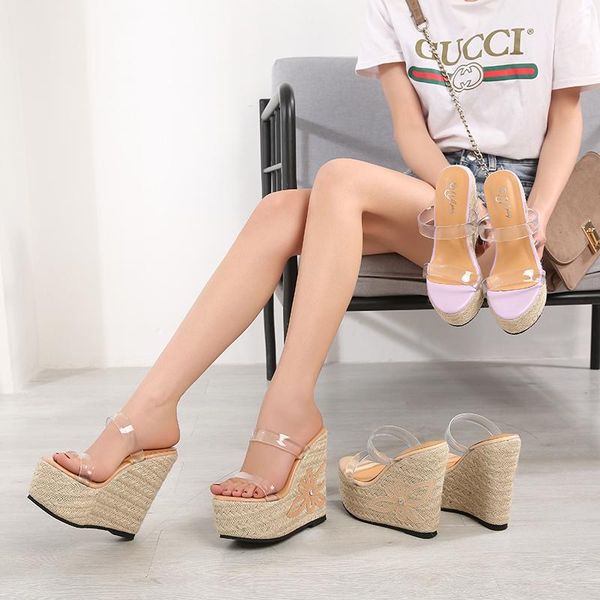 slope heel super high heel slippers female summer new style wear versatile platform sandal fashion high glass glue one, Black
slope heel super high heel slippers female summer new style wear versatile platform sandal fashion high glass glue one, Black