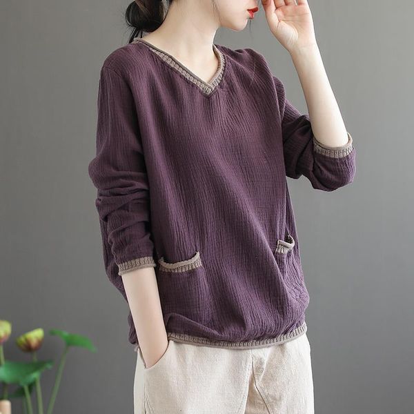 women double cotton vintage t-shirts pockets v-neck long sleeve 2021 spring new patchwork color loose female t-shirts, White
women double cotton vintage t-shirts pockets v-neck long sleeve 2021 spring new patchwork color loose female t-shirts, White