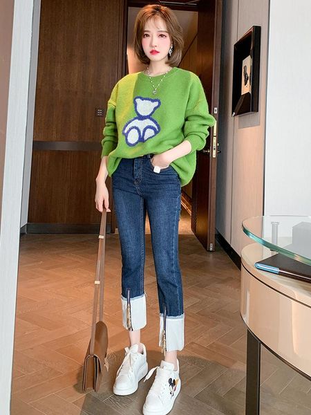 women's two piece pants bear flocking knitted sweater+stitching velvet zipper jeans suit wear 2021 spring top, White
women's two piece pants bear flocking knitted sweater+stitching velvet zipper jeans suit wear 2021 spring top, White
