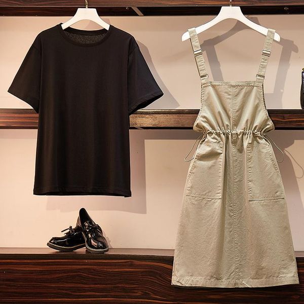 plus size tracksuits summer 2 two piece set fashion women's short sleeve black t-shirt + strap lace up ruched elastic waist dress muje
plus size tracksuits summer 2 two piece set fashion women's short sleeve black t-shirt + strap lace up ruched elastic waist dress muje