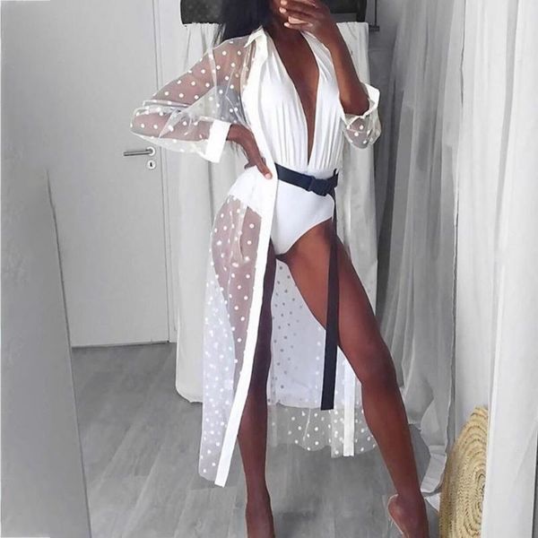 women's swimwear woman's polka dot beach smock lapel long sleeve mesh perspective cover up for daily life and vacation, White;black
women's swimwear woman's polka dot beach smock lapel long sleeve mesh perspective cover up for daily life and vacation, White;black