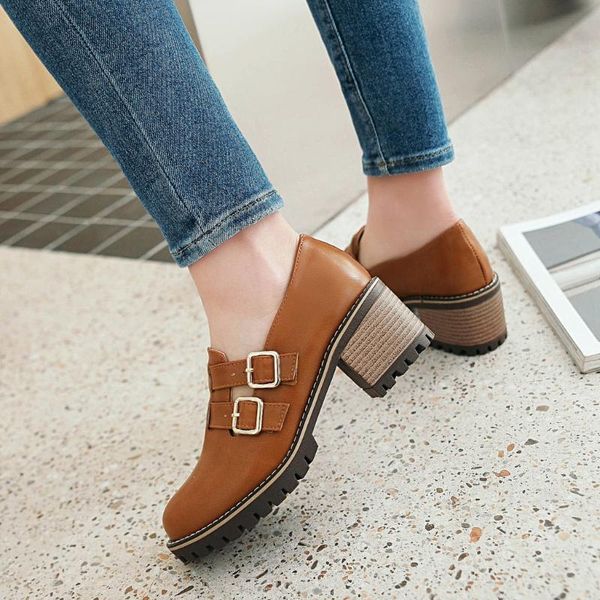 dress shoes pu breathable leather women's fashion metal needle buckle thick soled round head heel handmad, Black