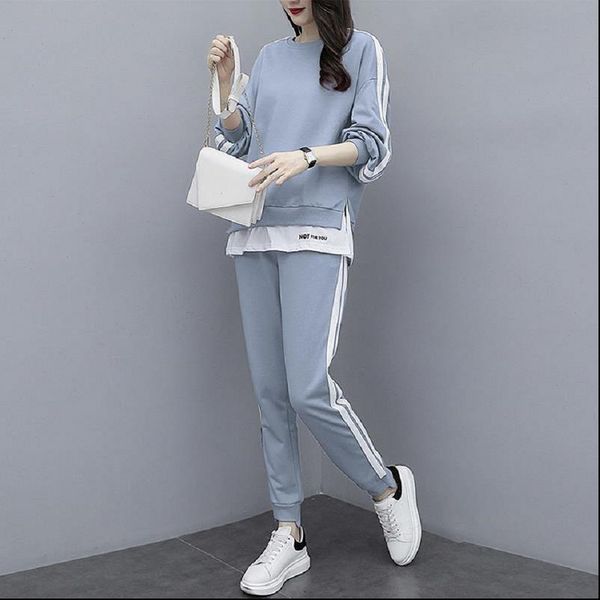 wanyucl 2021 new womens autumn large size micro fat loose round neck striped fashion casual sports suit women, Gray 
wanyucl 2021 new womens autumn large size micro fat loose round neck striped fashion casual sports suit women, Gray