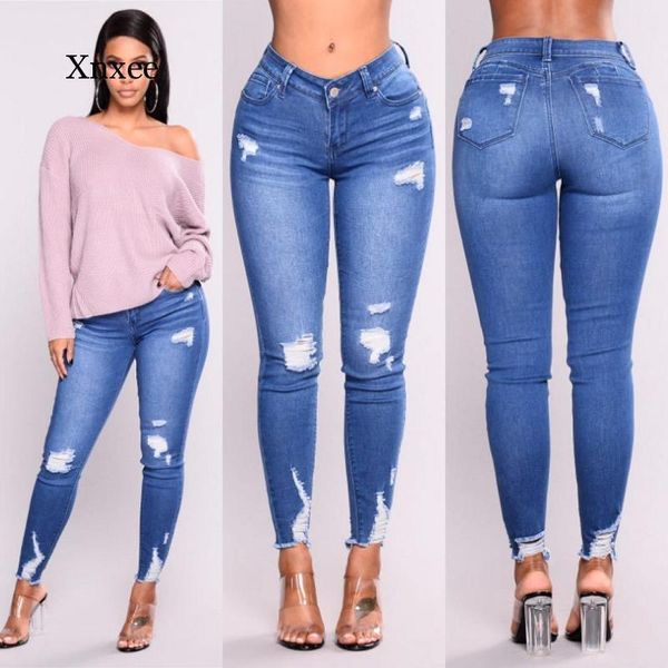 women's jeans blue pancil pants women high waist slim hole ripped denim casual stretch skinny trousers long 
women's jeans blue pancil pants women high waist slim hole ripped denim casual stretch skinny trousers long