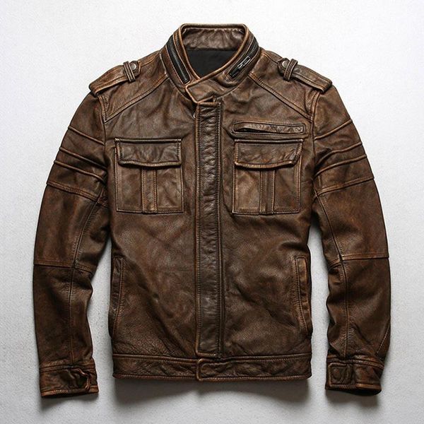 men's leather & faux retro distressed first layer cowhide jacket motorcycle pure brown coat for male, Black
men's leather & faux retro distressed first layer cowhide jacket motorcycle pure brown coat for male, Black