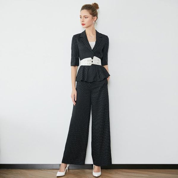 two piece dress pant suits ladies brand spring summer stripes notched collar half sleeves small blazer + elegant full length pants set, White
two piece dress pant suits ladies brand spring summer stripes notched collar half sleeves small blazer + elegant full length pants set, White