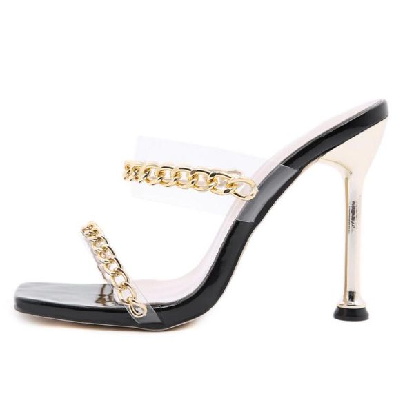 women's summer gladiator sandals metal chain slippers high heels pointed toe transparent crystal mule ladies stiletto party shoe, Black
women's summer gladiator sandals metal chain slippers high heels pointed toe transparent crystal mule ladies stiletto party shoe, Black