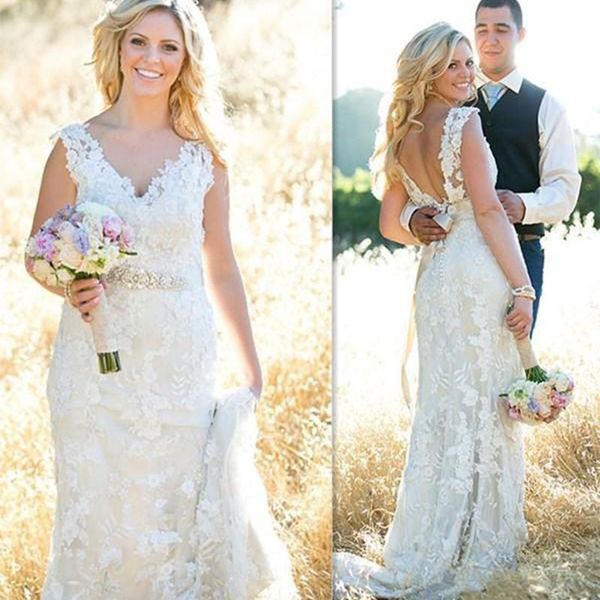 2021 country wedding dresses mermaid v neck lace applique bridal gowns with crystal sash backless sweep train wedding gowns, White
2021 country wedding dresses mermaid v neck lace applique bridal gowns with crystal sash backless sweep train wedding gowns, White