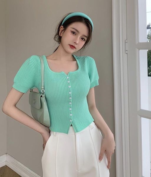 women's t-shirt knitted crop summer clothing ins cardigans slim korean clothes square collar t shirts female fashion brand, White
women's t-shirt knitted crop summer clothing ins cardigans slim korean clothes square collar t shirts female fashion brand, White